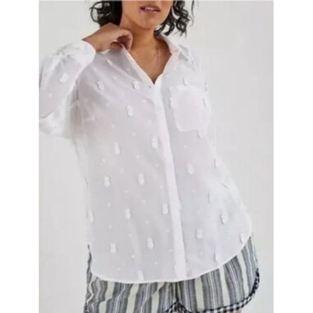 Maeve Anthropologie White Embroidered Pineapple Cotton Button Down Shirt Size 2